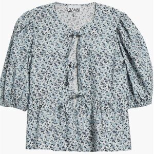 Ganni Black Puff Sleeve Blouse with Tie Front